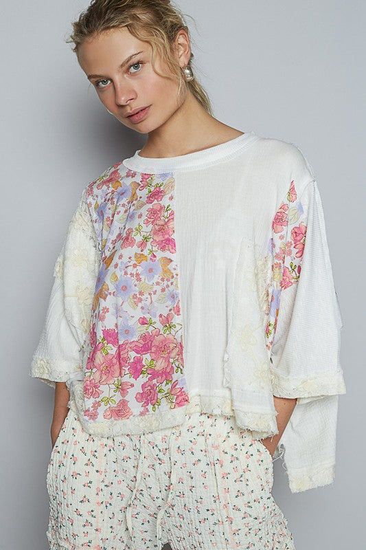 Floral Lace Patch Top - Round Neck Double Gauze Top POL Ship from USA