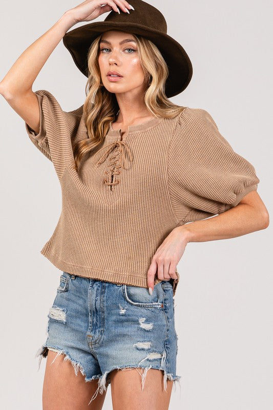 Light Brown Lace-Up Waffle Knit Crop Top - Long Sleeve Casual Pullover Blouse, Y2K Aesthetic SAGE+FIG Ship from USA