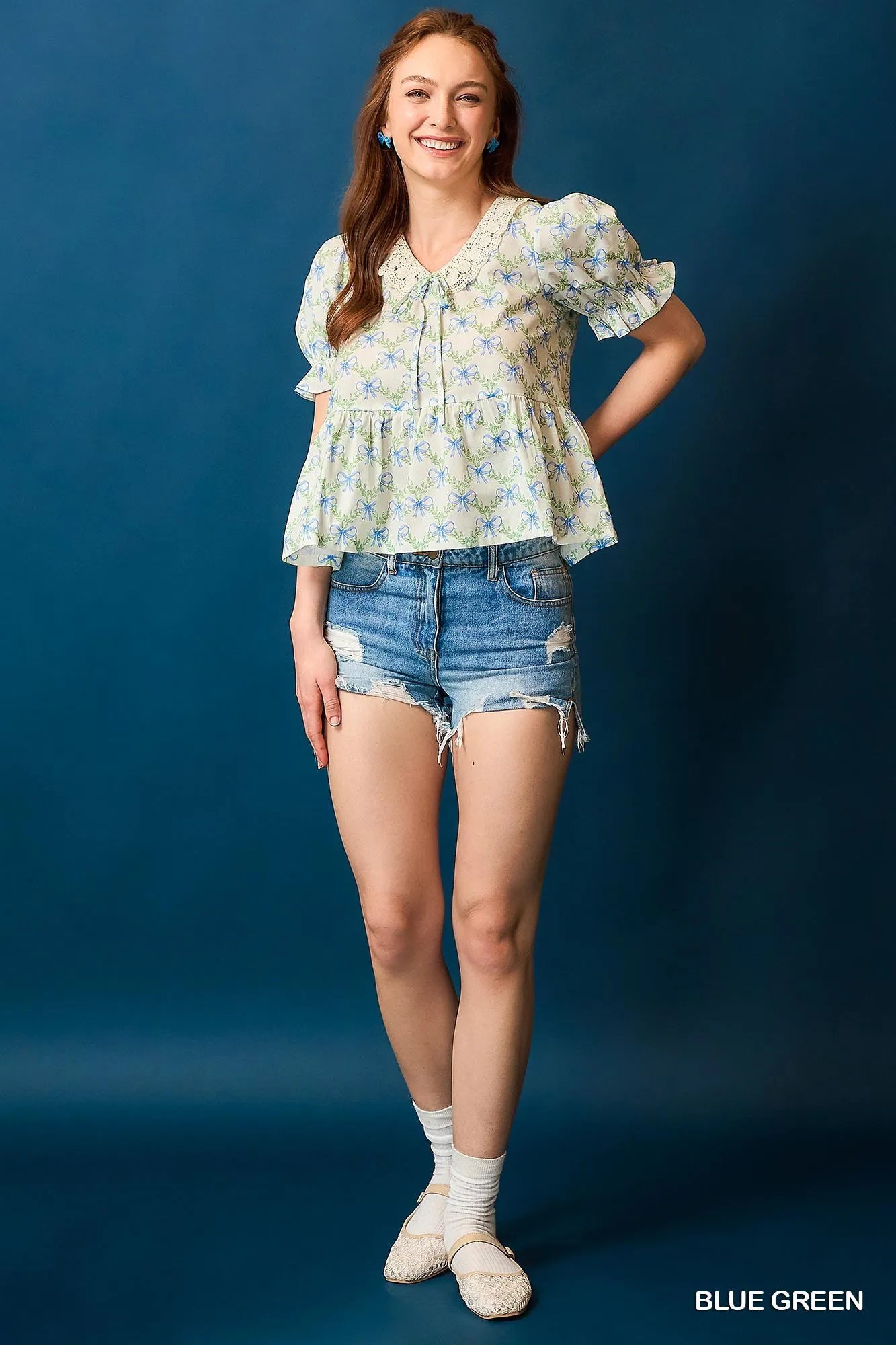 Cotton Puff Sleeve Blouse - Chic Flounce Bow 7-11 Ship from USA Umgee USA
