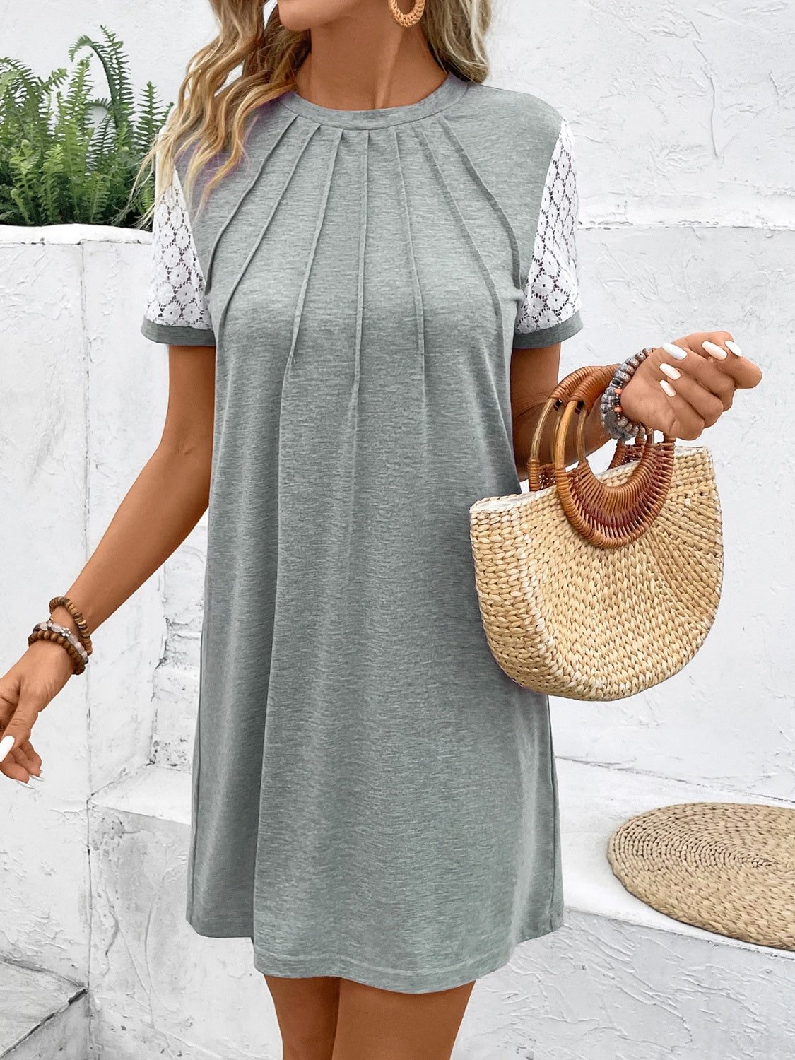 Women's Lace Detail Dress with Slight Stretch Opaque Fabric Apparel & Accessories > Clothing > Dresses Detail Detail Round Detail Round Neck Dress Lace Lace Detail Lace Detail Round Mini Mini Dress Neck Neck Short Neck Short Sleeve Round Round Neck Round Neck Short Ship From Overseas Short Short Sleeve Short Sleeve Mini Sleeve Sleeve Mini Sleeve Mini Dress sync-pinterest V Z@Q