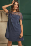 DEEP NAVY Dress - Wrinkled - Crochet Lace Yoke - Flowy - Boho - Lightweight 5-1-usa BiBi Ship from USA