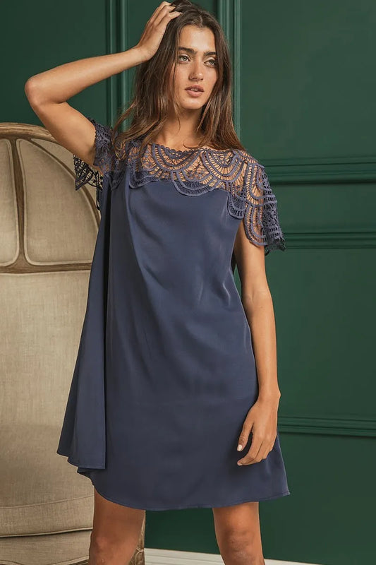DEEP NAVY Dress - Wrinkled - Crochet Lace Yoke - Flowy - Boho - Lightweight 5-1-usa BiBi Ship from USA