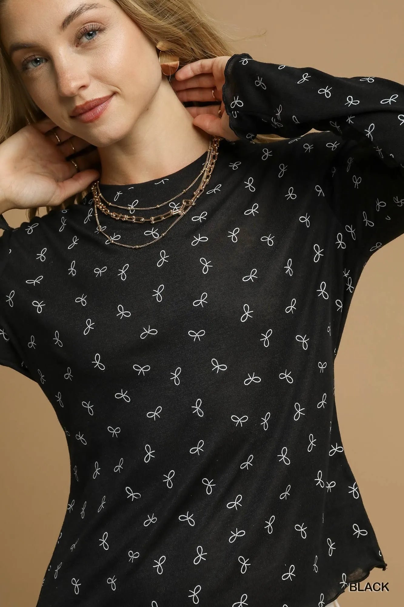 Women’s Bow Print Lightweight Knit Top 9-7 Ship from USA Umgee USA