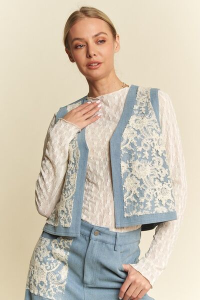 Light Lace Patch Open Front Denim Vest Davi & Dani new Ship from USA