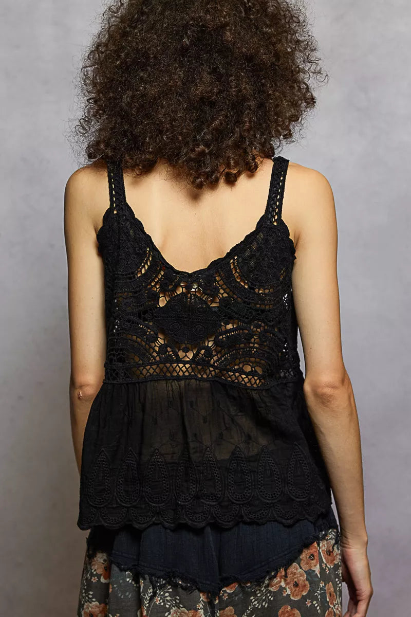 Women’s V-Neck Crochet Tank Top with Floral Embroidery 9-7 POL Ship from USA