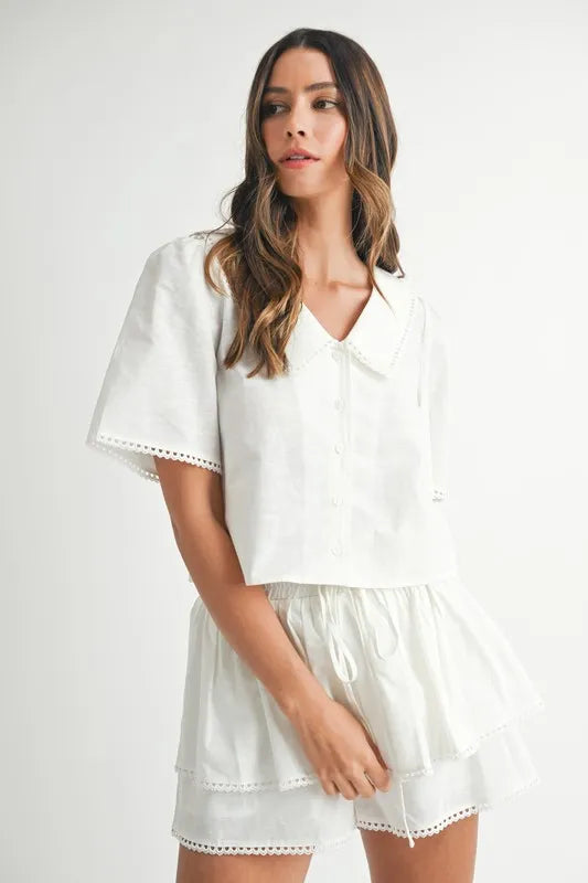 Off White Chic Collared Button-Down Crop Top and Skort Set with Lace Detail Apparel & Accessories > Clothing > Outfits & Sets autopostr_pinterest_72819 MABLE Only Available for U.S. Residents Ship from USA sync-pinterest