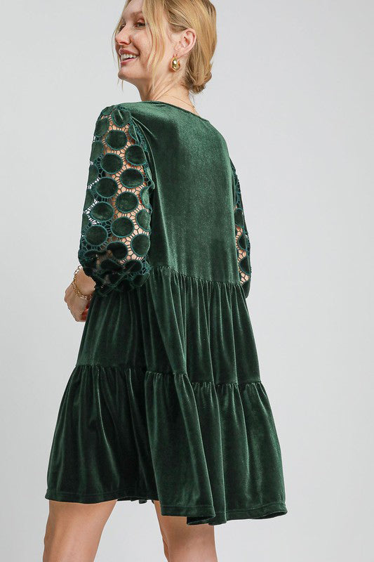 Dark Green Velvet Dress - tiered - Lace Sleeve autopostr_pinterest_71901 new PinterestNew Ship from USA Umgee USA