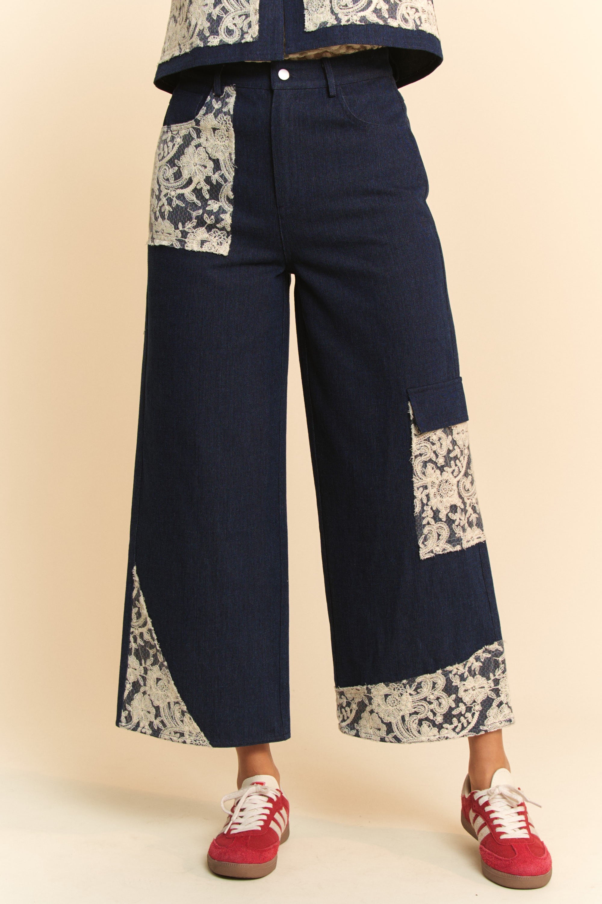 Wide Leg Cotton Denim Jeans with Lace Applique Detail Apparel & Accessories > Clothing > Pants Applique autopostr_pinterest_72819 Davi & Dani Lace Leg Only Available for U.S. Residents Ship from USA sync-pinterest Wide Wide Leg