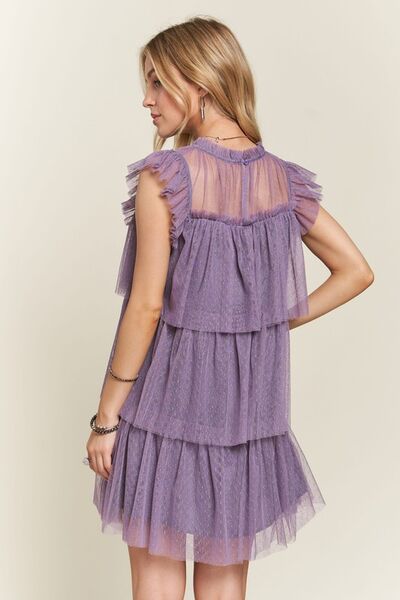 Layered Ruffled Cap Sleeve Mesh Dress ADORA new Ship from USA