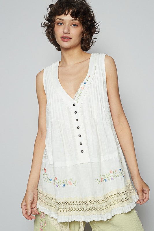 L White Embroidered Lace Detail Top - V-Neck Sleeveless Top POL Ship from USA