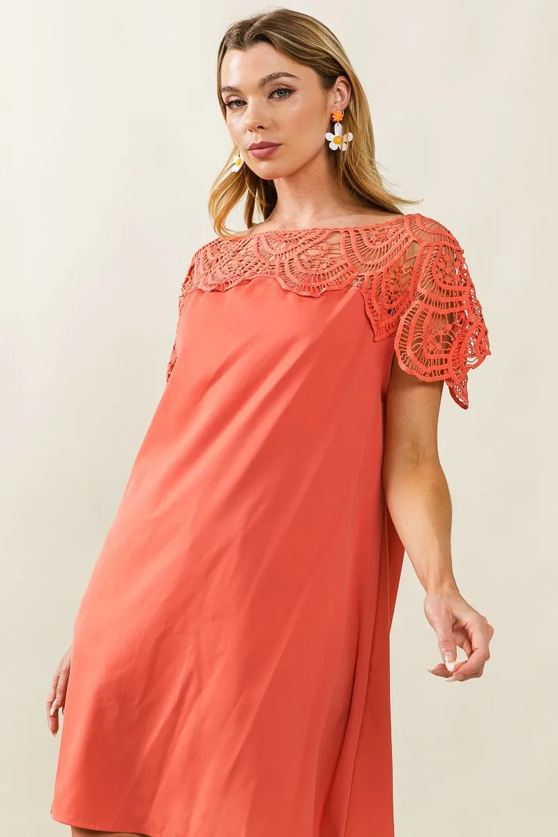 Dress - Wrinkled - Crochet Lace Yoke - Boho - Lightweight - Casual 5-2-usa BiBi Ship from USA