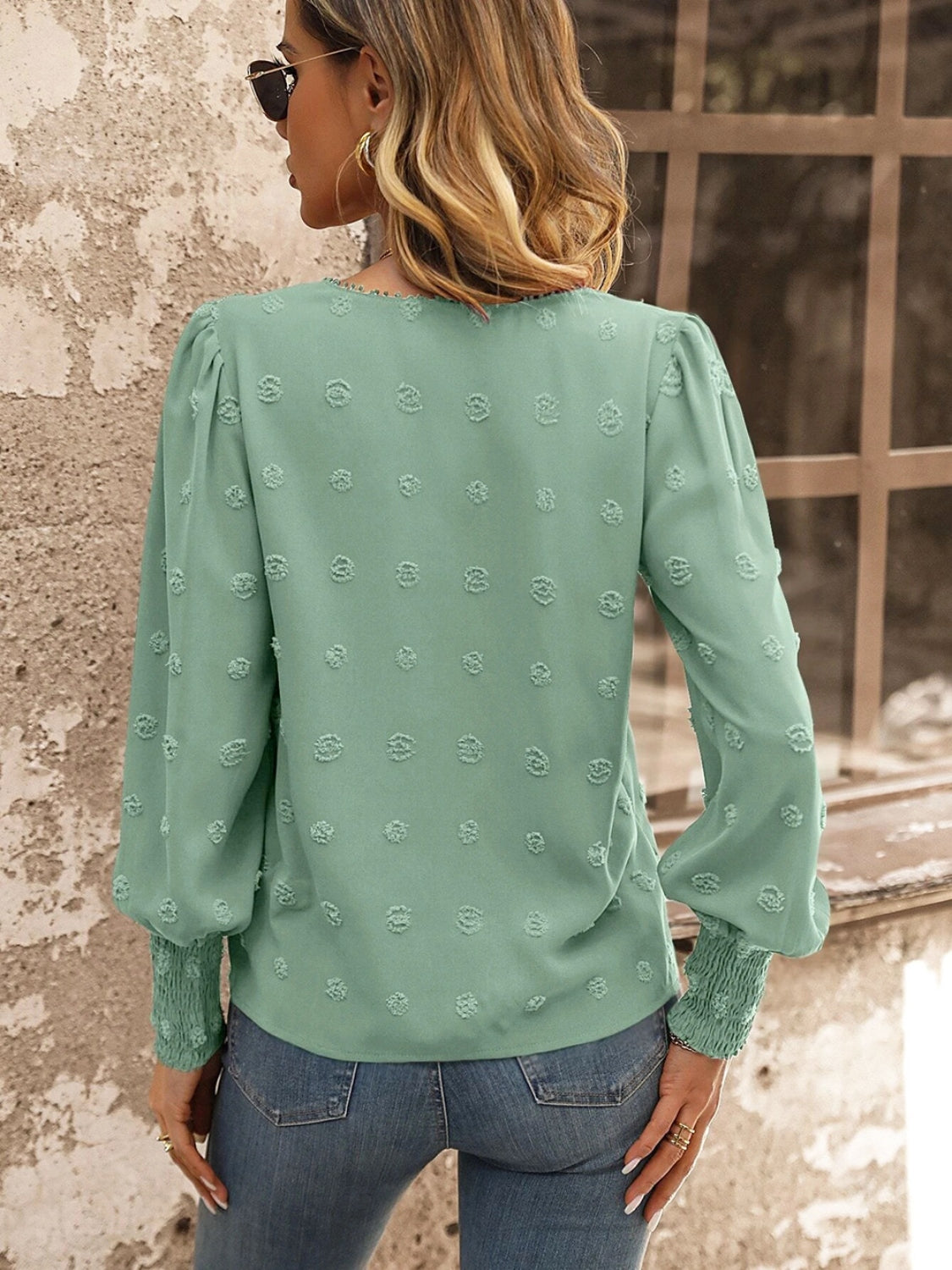 Swiss Dot Lace Detail Blouse - 100% Polyester, Machine Washable Apparel & Accessories > Clothing > Tops Blouse Detail Dot Dot Lace Dot Lace Detail G@S Lace Lace Detail Ship From Overseas Swiss Swiss Dot Swiss Dot Lace sync-pinterest