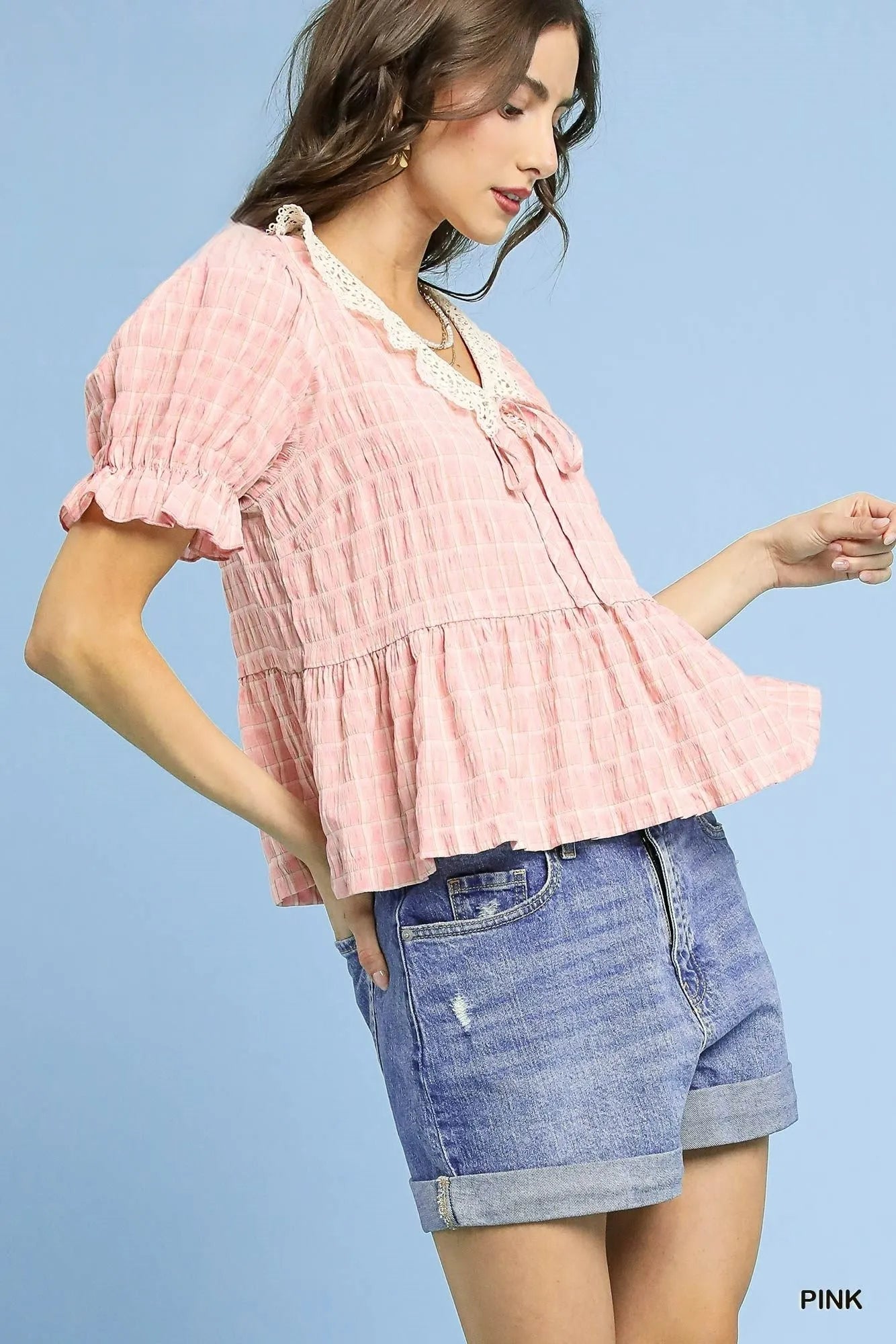 Pink Polyester Peplum - Boho Ruffled Smocked 7-11 Ship from USA Umgee USA