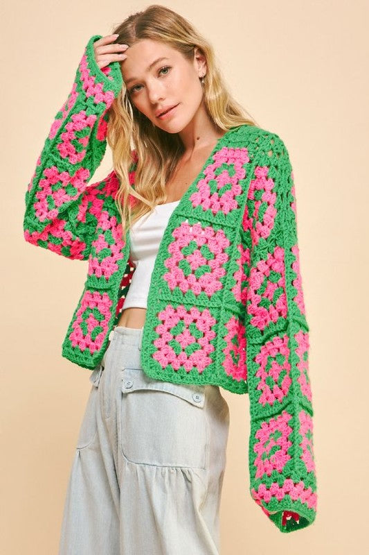 open front Cardigan - two tone - flower squares - crochet top Davi & Dani Ship from USA