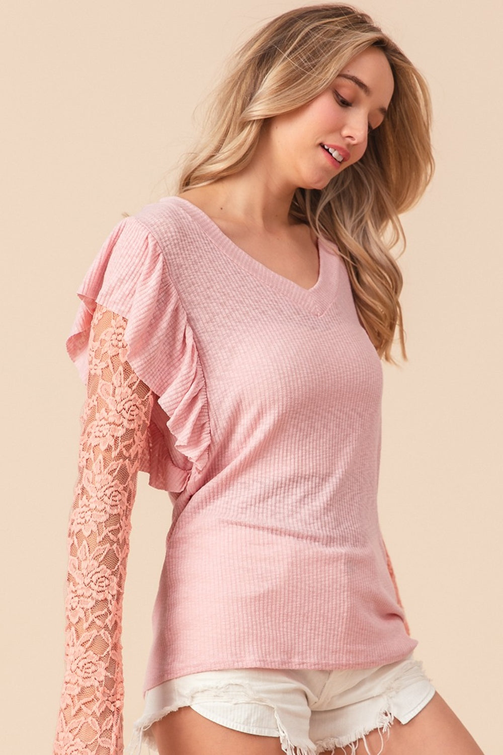 Blush Pink Lace Top - Rib Knit - Long Sleeve - Ruffled Clothing & Accessories > Clothing > Tops autopostr_pinterest_71901 knit lace PinterestNew rib ruffled sleeve top