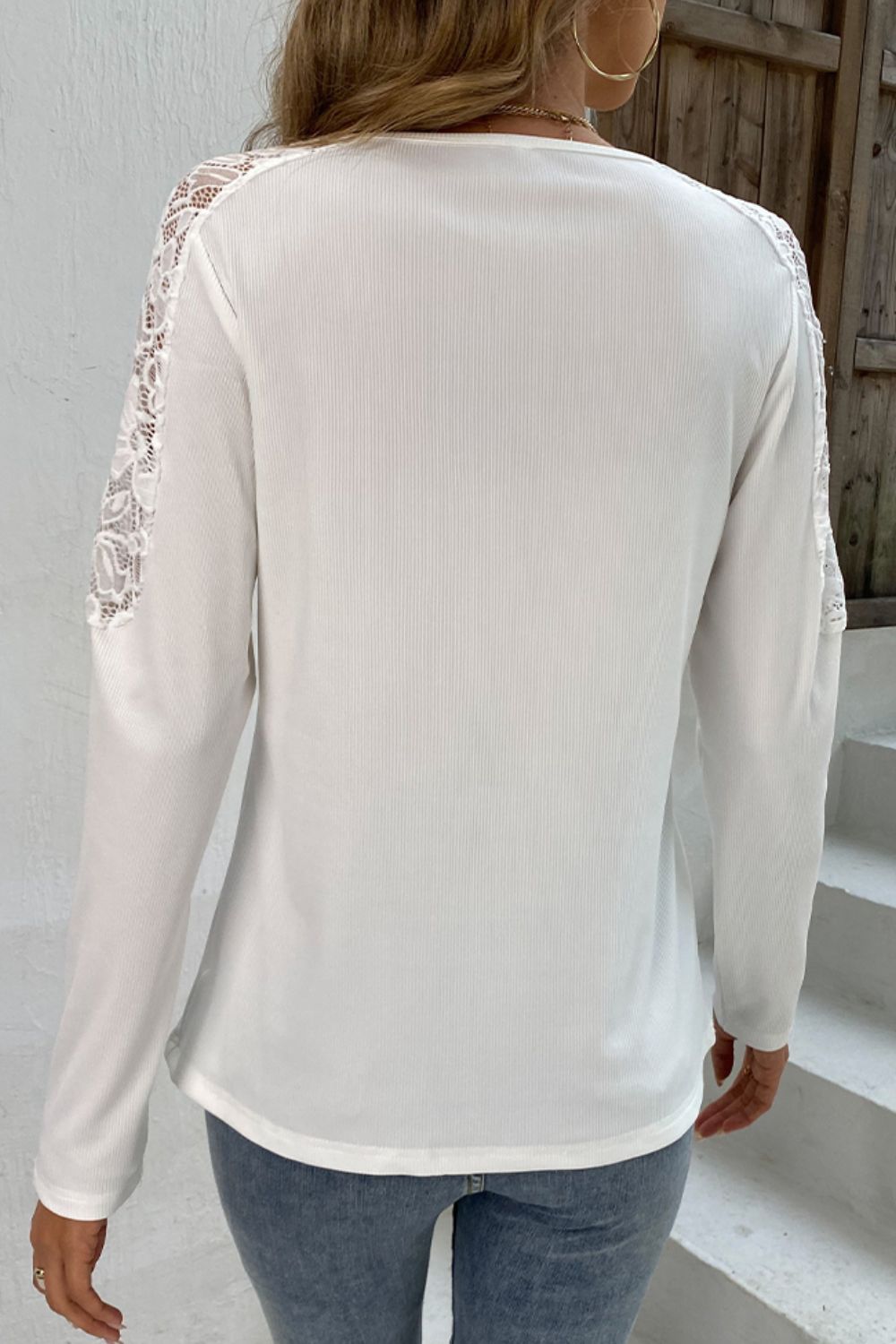 Long Sleeve Lace Top with Notched Neckline - Solid Casual Chic Apparel & Accessories > Clothing > Tops Romantichut Ship From Overseas sync-pinterest