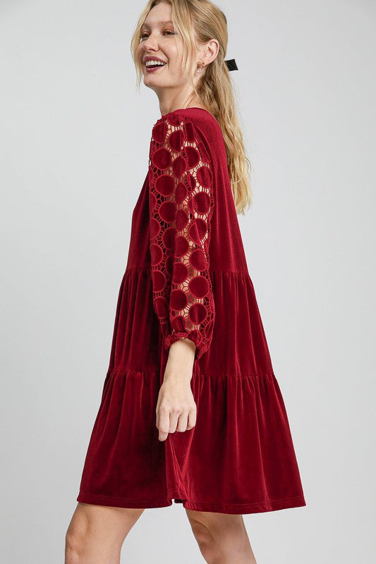 Burgundy Velvet Dress - Tiered - Lace Sleeve autopostr_pinterest_71901 new PinterestNew Ship from USA Umgee USA