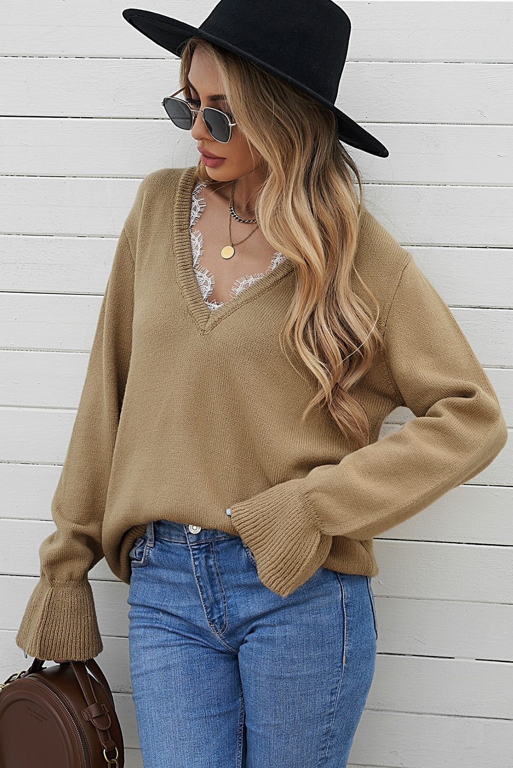 Flounce Sleeve V-Neck Sweater