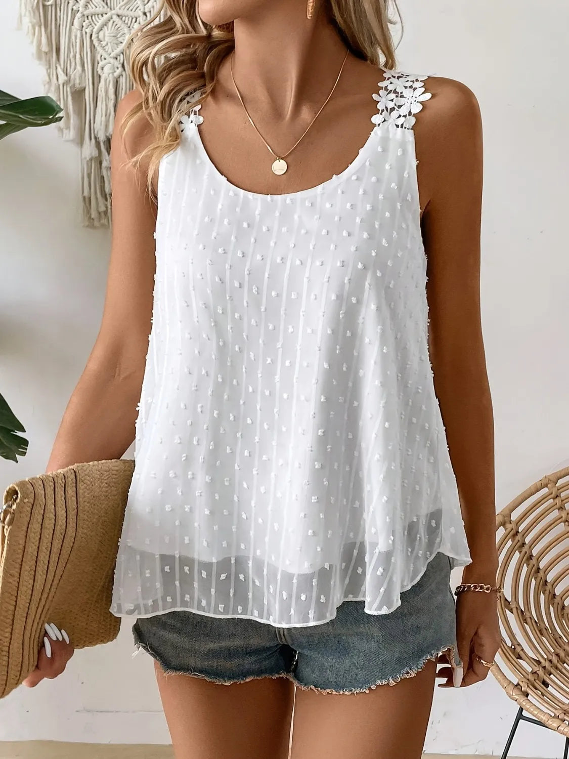 Cami - Swiss Dot - Scoop Neck - Lightweight - Sleeveless - Casual 4-29 Macido Ship From Overseas