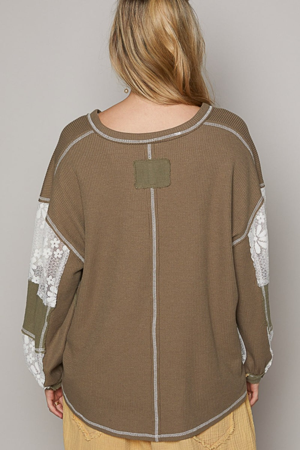 Khaki Olive Lace Top - Balloon Sleeve - V Neck - Exposed Seam Clothing & Accessories > Clothing > Tops autopostr_pinterest_71118 autopostr_pinterest_71178 autopostr_pinterest_71277 balloon exposed lace neck pol Sale seam sleeve top