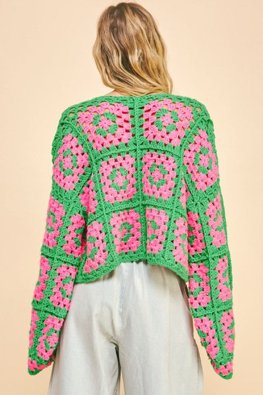 open front Cardigan - two tone - flower squares - crochet top Davi & Dani Ship from USA