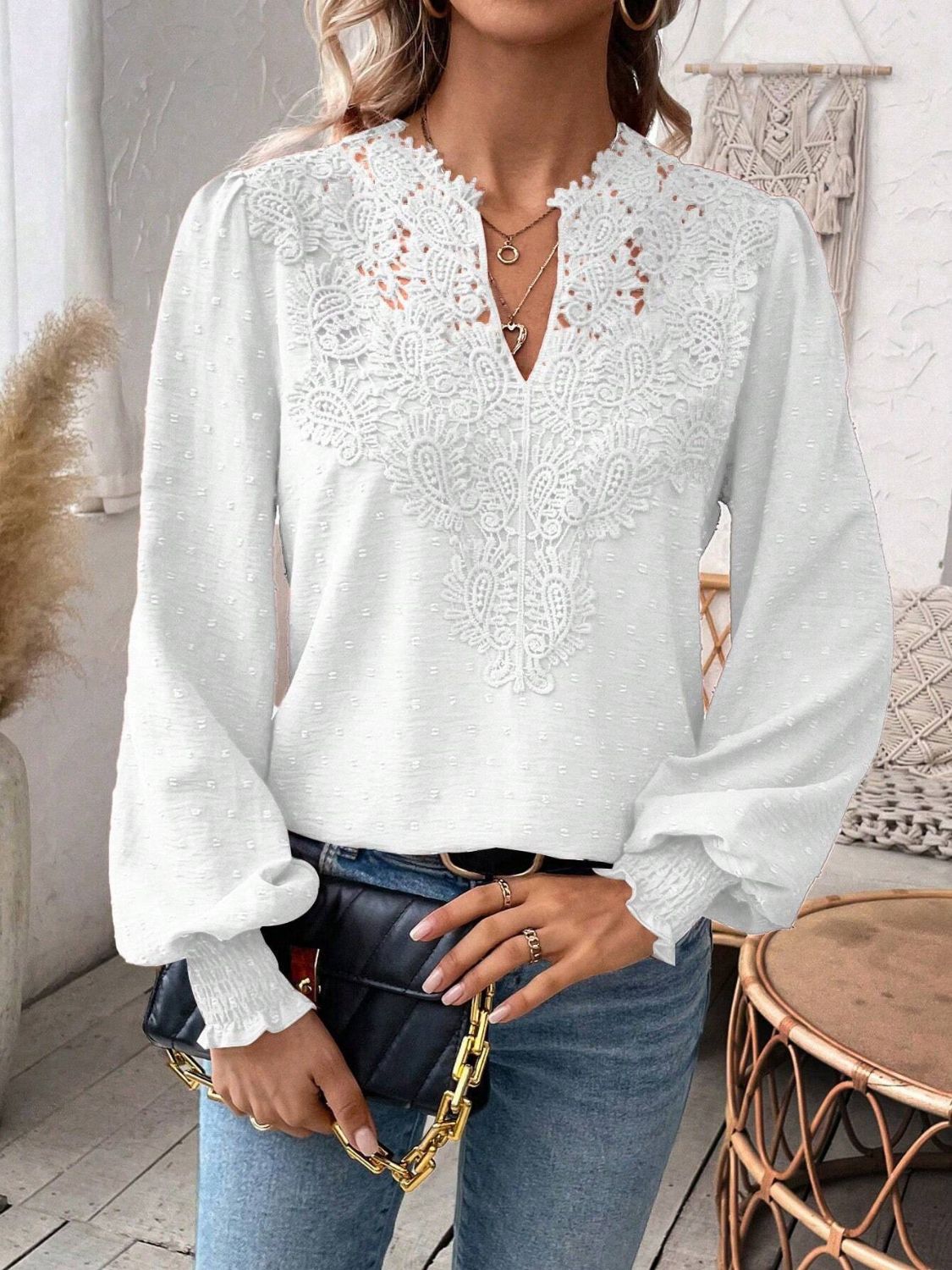 Swiss Dot Lace Blouse - 100% Polyester Opaque Non-Stretch Apparel & Accessories > Clothing > Tops Axelle Blouse Detail Detail Notched Lace Lace Detail Long Long Sleeve Notched Ship From Overseas Sleeve Sleeve Blouse sync-pinterest T V