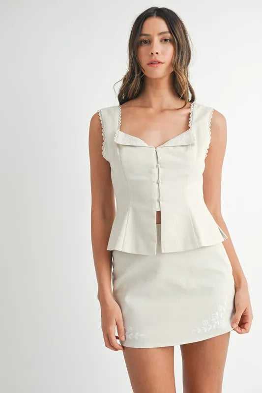 Embroidered Top and Lace Mini Skirt Set - Button Front - Frill Detail Apparel & Accessories > Clothing > Outfits & Sets MABLE Only Available for U.S. Residents Ship from USA sync-pinterest