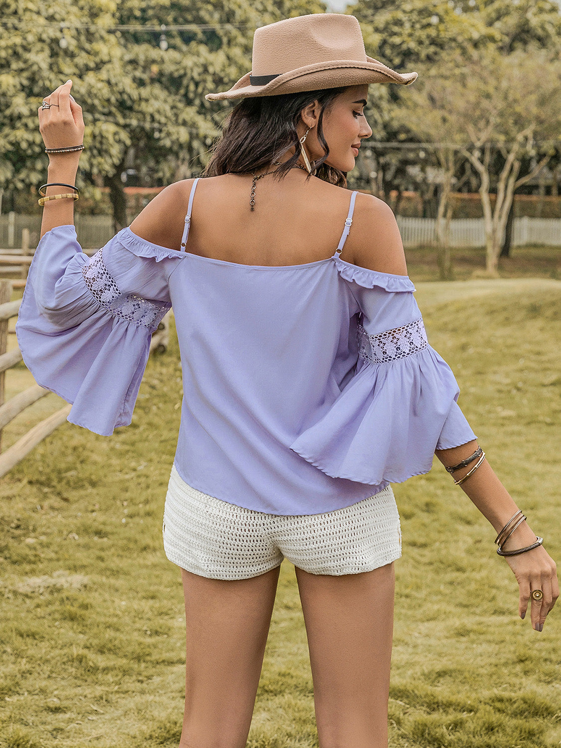 Ruffled Blouse - Flare Sleeves - Square Neck - Lace Detail - Viscose Apparel & Accessories > Clothing > Tops Blouse Flare Flare Sleeve H.R.Z Neck Neck Flare Neck Flare Sleeve Ship From Overseas Sleeve Sleeve Blouse Square Square Neck sync-pinterest V
