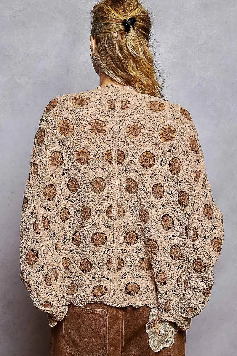 Women’s Chenille Openwork V-Neck Cardigan Sweater with Contrast Floral Design 9-7 POL Ship from USA