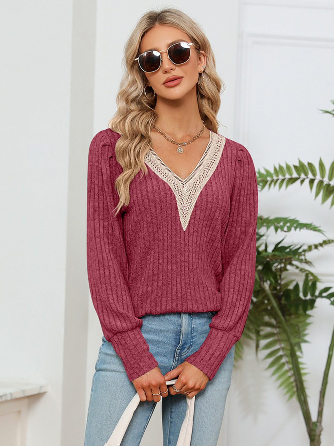 Lace Detail Long Sleeve Top with Slight Stretch Apparel & Accessories > Clothing > Tops A@X@Y Blouse Detail Detail V Lace Lace Detail Neck Ribbed Ship From Overseas sync-pinterest V