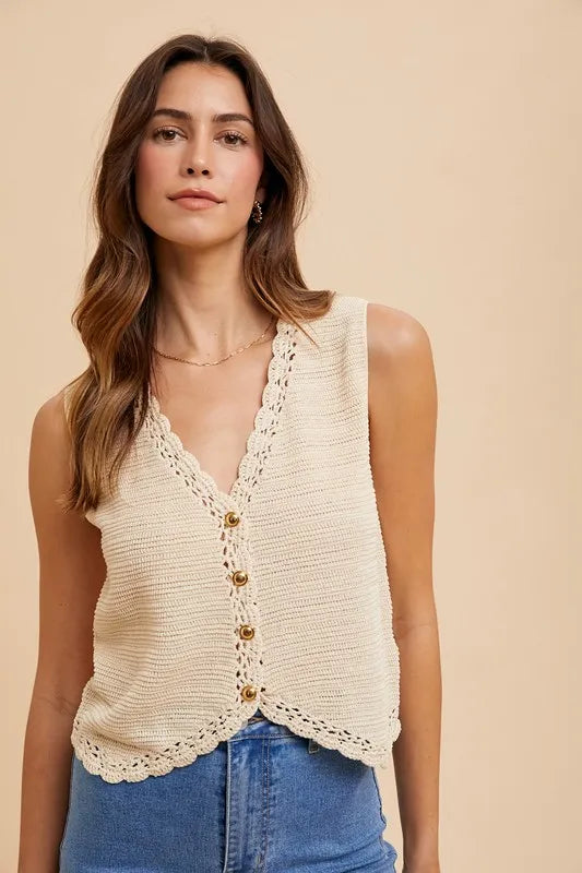 Oatmeal Cream Viscose Vest - Boho Crochet Layering 7-6 Annie Wear Ship from USA