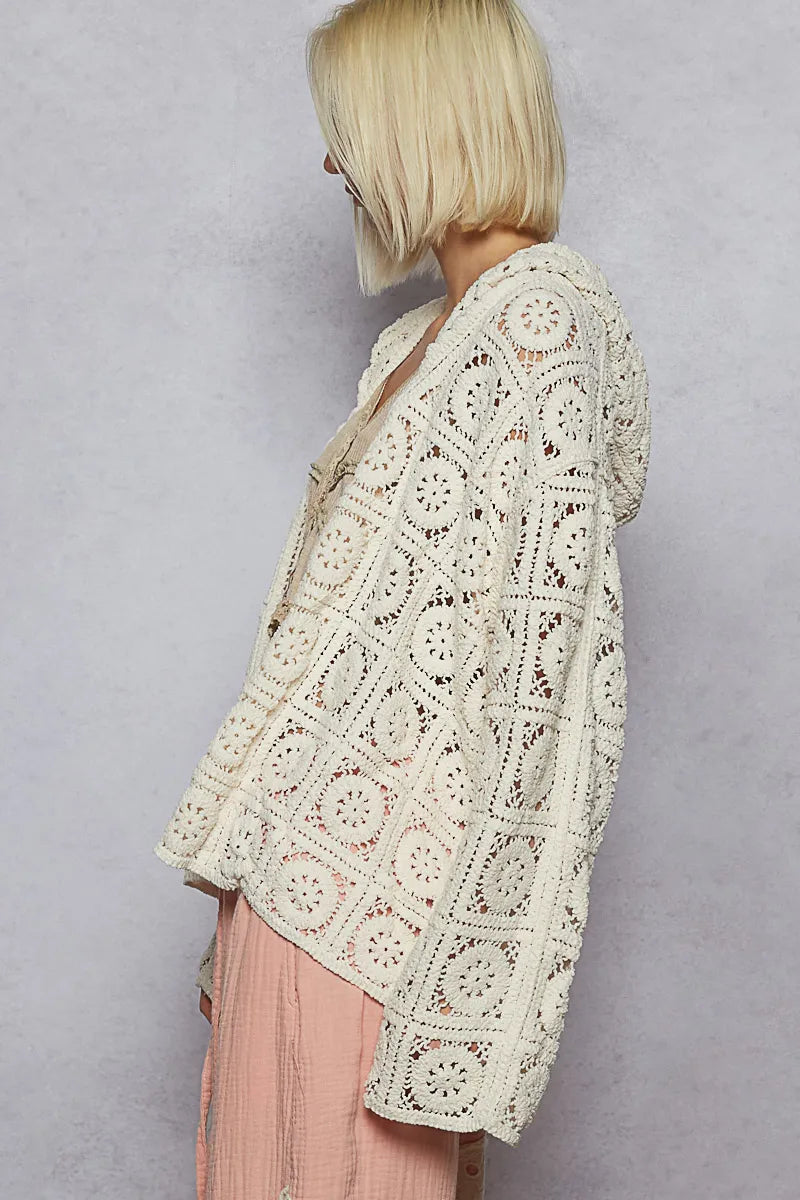 Lightweight Polyester Cardigan - Boho Openwork Buttoned 7-11 POL Ship from USA