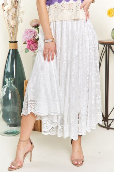 White Elastic Waist Lace Midi Skirt ADORA Ship from USA