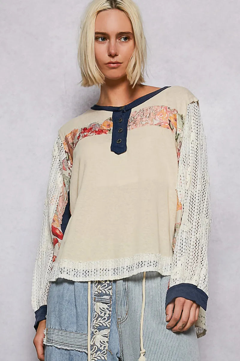 Beige Patchwork Crochet Blouse – Bohemian Navy Trim 7-11 POL Ship from USA