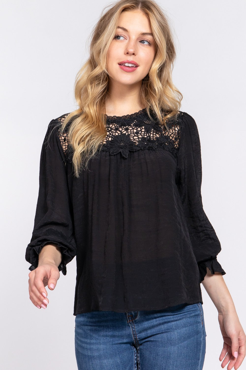 Black Black Blouse - Flounce Sleeve - Crochet Lace Top Clothing & Accessories > Clothing > Tops autopostr_pinterest_71118 autopostr_pinterest_71178 autopostr_pinterest_71277 blouse crochet flounce lace panel sleeve