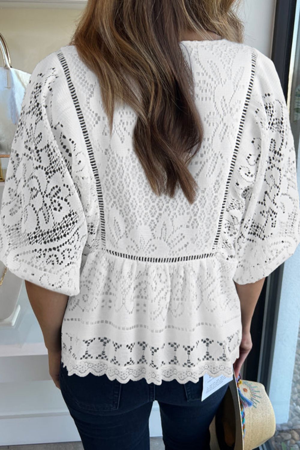Elegant Lace Polyester Top - Machine Washable, No Stretch, Imported Apparel & Accessories > Clothing > Tops Blouse Crochet Hem Lace Neck Neck Blouse Ship From Overseas sync-pinterest SYNZ T V V Neck