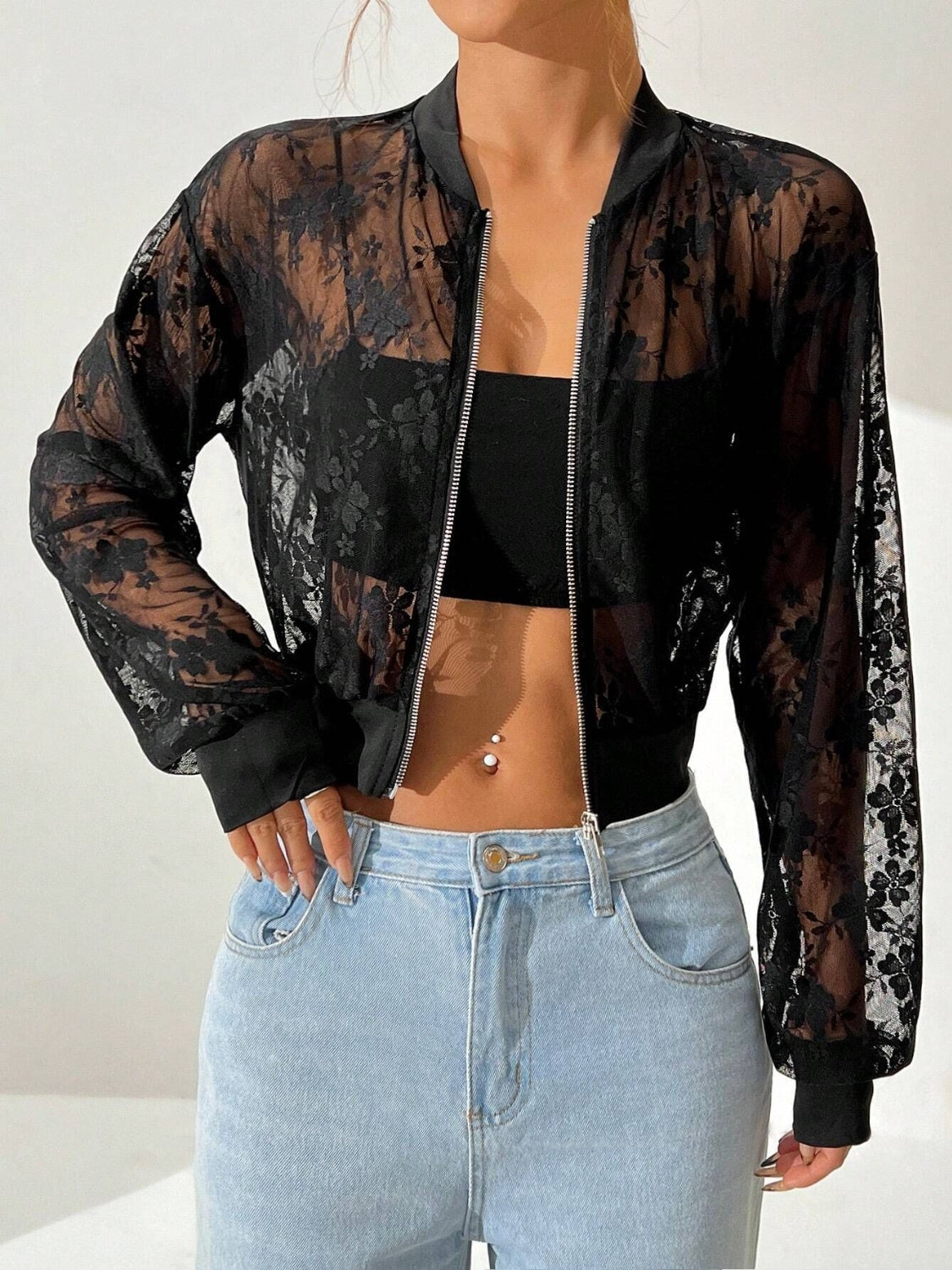 Lace Blouse - Zip Back - Elegant Fit - Polyester Apparel & Accessories > Clothing > Outerwear > Jackets & Coats Baseball Baseball Collar Baseball Collar Zip Collar Collar Zip Collar Zip Up Jacket Lace Ship From Overseas sync-pinterest T Up WXFS Zip Zip Up