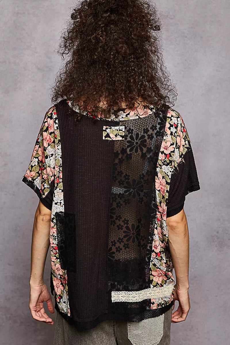 Women’s Lace Floral Patch Round Neck Short Sleeve Casual Top 10-31 POL Ship from USA