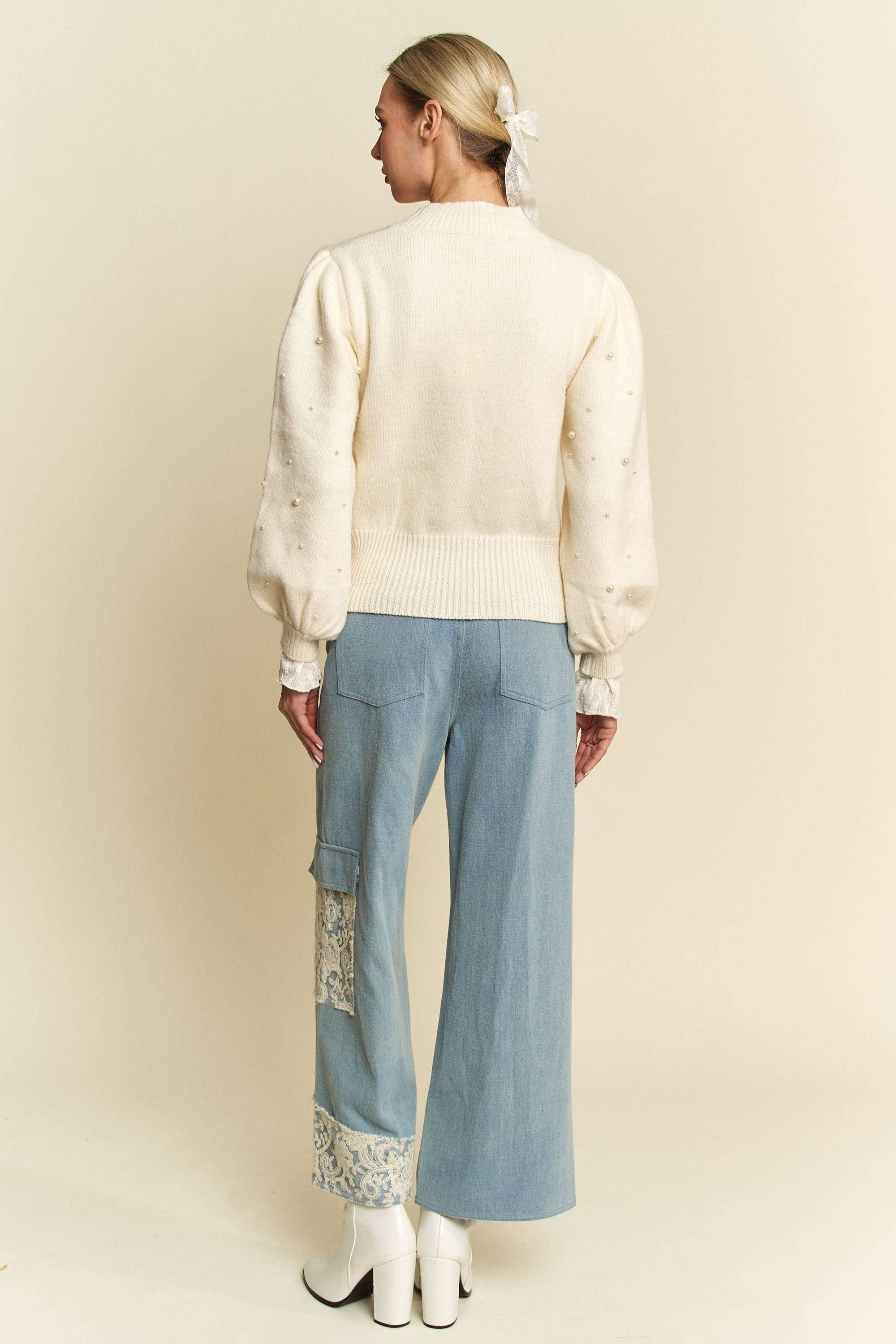 Wide Leg Denim Pants - Lace Applique - No Stretch - 100% Cotton Apparel & Accessories > Clothing > Pants Applique autopostr_pinterest_71901 autopostr_pinterest_72819 Davi & Dani Lace Leg Only Available for U.S. Residents Ship from USA sync-pinterest Wide Wide Leg