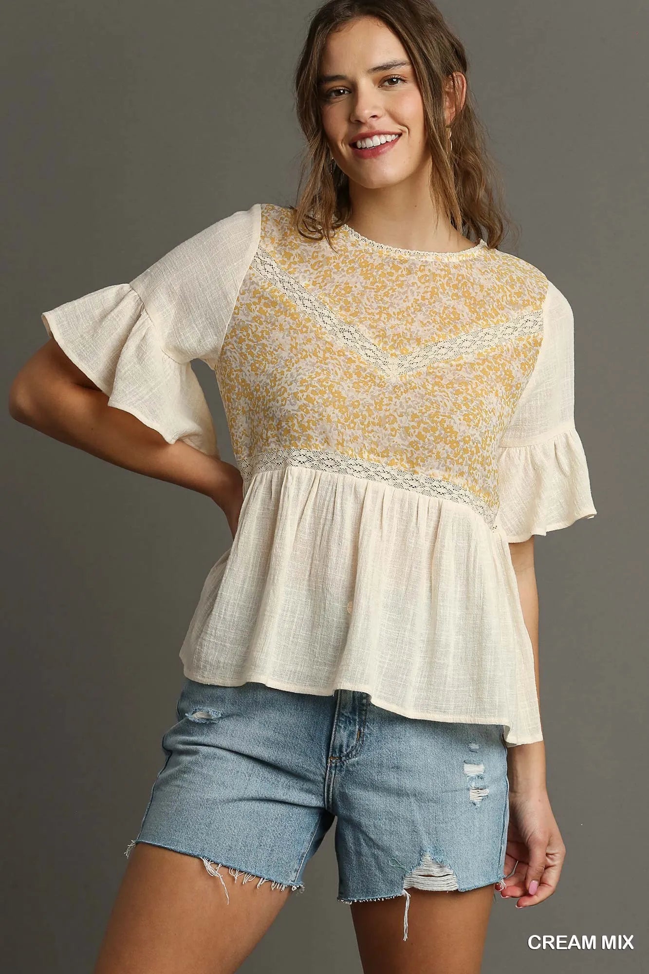 CREAM MIX Women’s Floral Lace Trim Half Sleeve Babydoll Top 9-7 Ship from USA Umgee USA