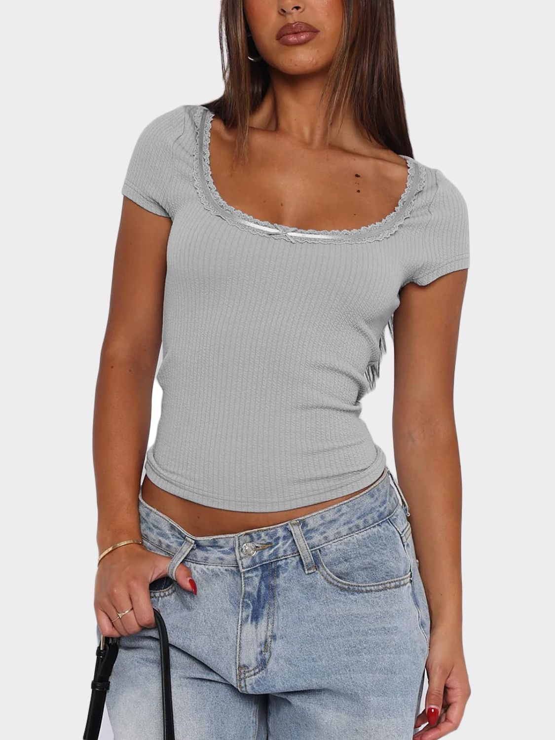Gray Lace Detail Bow Top with Moderate Stretch Apparel & Accessories > Clothing > Tops Detail Detail Scoop Detail Scoop Neck Lace Lace Detail Lace Detail Scoop Neck Neck Short Neck Short Sleeve Sara Rue Scoop Scoop Neck Ship From Overseas Shirt Short Short Sleeve Sleeve Sleeve T sync-pinterest T V