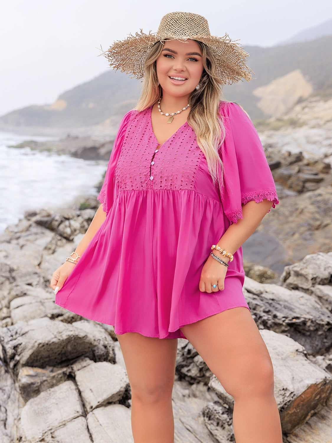 Plus Size Ruched Lace Eyelet Top with Button Detail - Viscose Blend Apparel & Accessories > Clothing > Jumpsuits & Rompers Detail Detail V Half Half Sleeve Lace Lace Detail Neck Neck Half Neck Half Sleeve Plus Plus Size Plus Size Lace Romper Rusttydustty Ship From Overseas Size Size Lace Size Lace Detail Sleeve sync-pinterest V