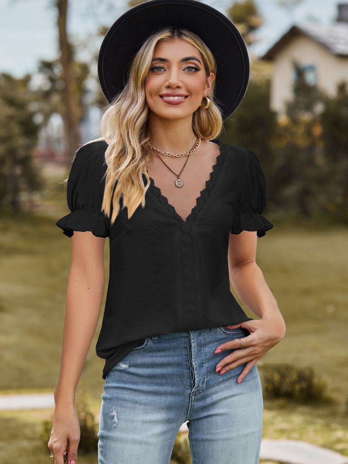 Black Women's Lace Detail Top with Slight Stretch Apparel & Accessories > Clothing > Tops Blouse Detail Detail V Flounce Flounce Sleeve Flounce Sleeve Blouse K.C Lace Lace Detail Neck Neck Flounce Neck Flounce Sleeve Ship From Overseas Sleeve Sleeve Blouse sync-pinterest T V
