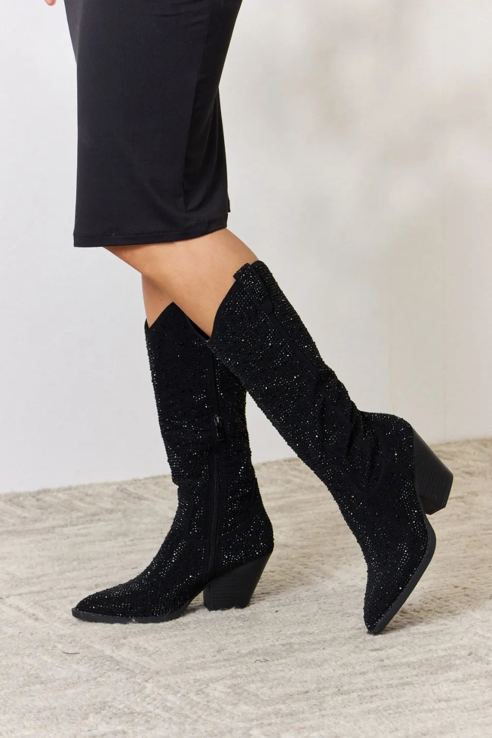 Black Rhinestone Knee Boots – Sparkle Every Step Forever Link Ship from USA