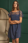 Dress - Wrinkled - Crochet Lace Yoke - Flowy - Boho - Lightweight 5-1-usa BiBi Ship from USA