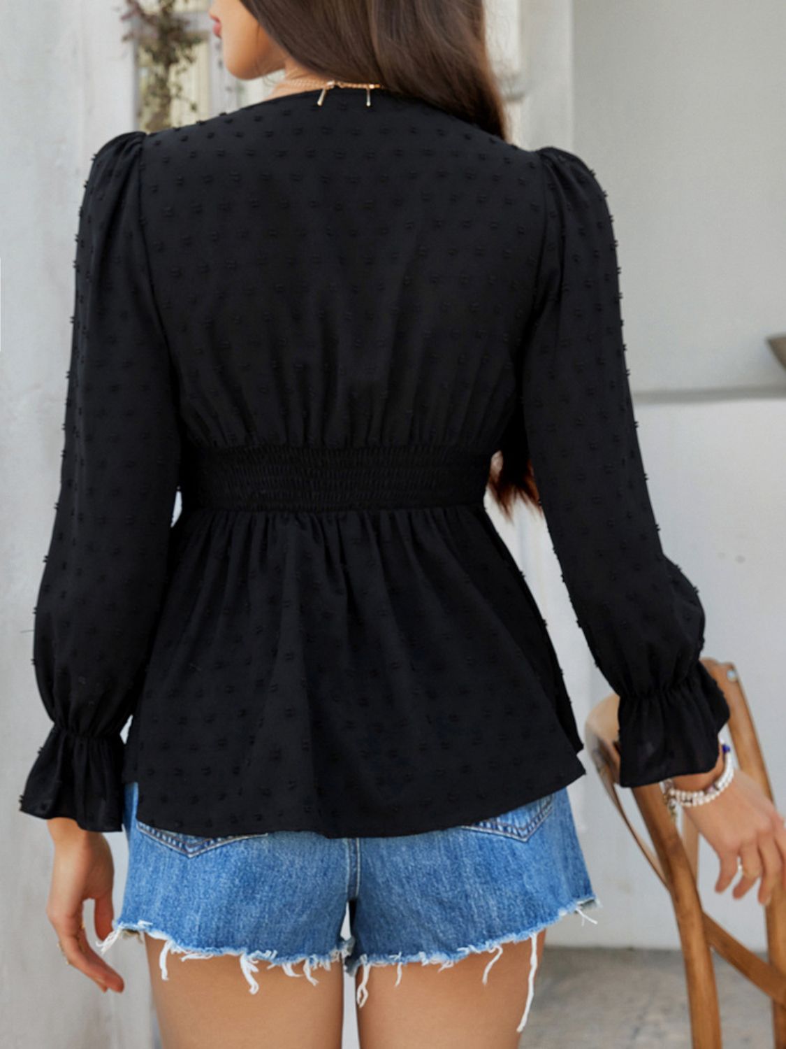 Buttoned Swiss Dot Lace Detail Cutout Blouse - 100% Polyester Apparel & Accessories > Clothing > Tops Blouse Detail Devine Dot Dot Lace Dot Lace Detail Flounce Flounce Sleeve Flounce Sleeve Blouse Lace Lace Detail Ship From Overseas Sleeve Sleeve Blouse Surplice Swiss Swiss Dot Swiss Dot Lace sync-pinterest V