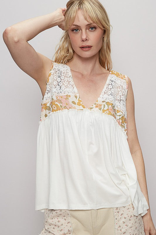 Lace Detail Top - Frill Floral V-Neck - Sleeveless POL Ship from USA