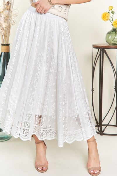 L White Elastic Waist Lace Midi Skirt ADORA Ship from USA