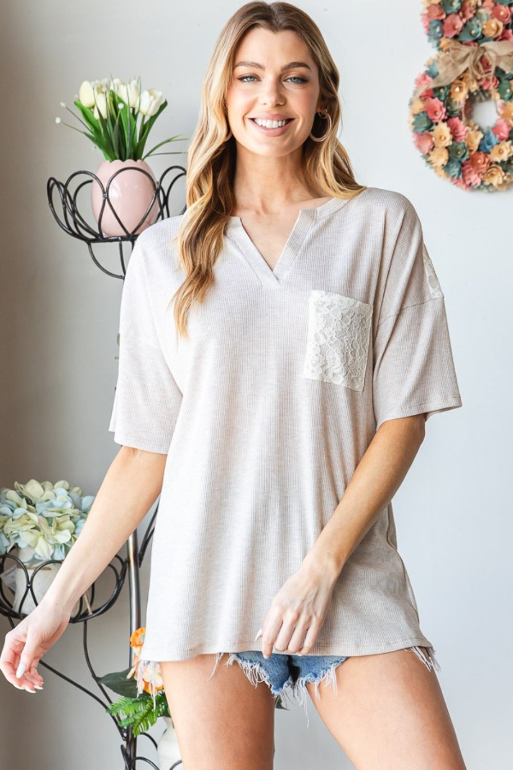 Oatmeal Lace Top - Drop Shoulder - Short Sleeve - Front Pocket Clothing & Accessories > Clothing > Tops autopostr_pinterest_71901 drop front full lace PinterestNew pocket shoulder size top