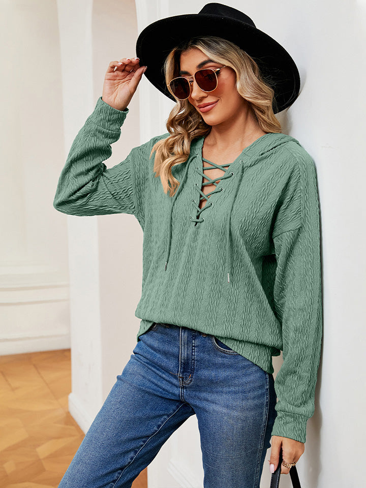 Gum Leaf Hoodie - Lace-Up Stretch Rayon Opaque Long Sleeve Top Apparel & Accessories > Clothing > Tops > Hoodies M.N.Y Ship From Overseas sync-pinterest